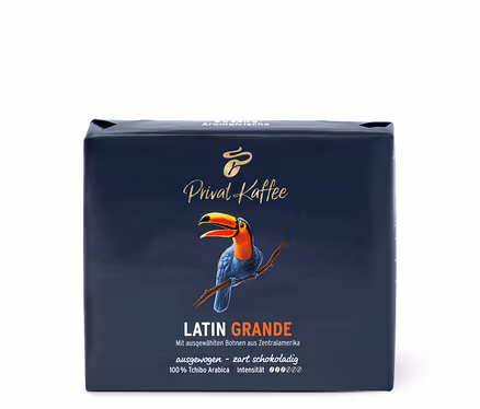 Paquet de café Privat Kaffee Latin Grande, avec un toucan dessus.