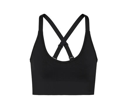 Soutien-gorge de sport noir avec bretelles croisées dans le dos.