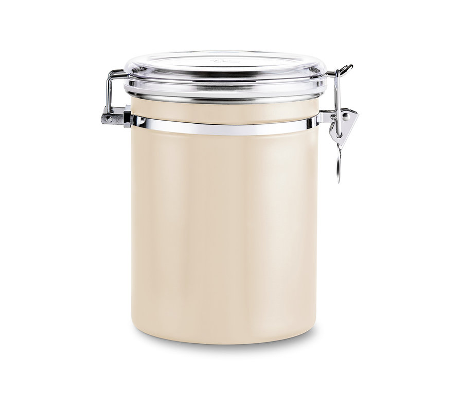 Boîte à arômes beige tendre avec couvercle argenté et fermoir.