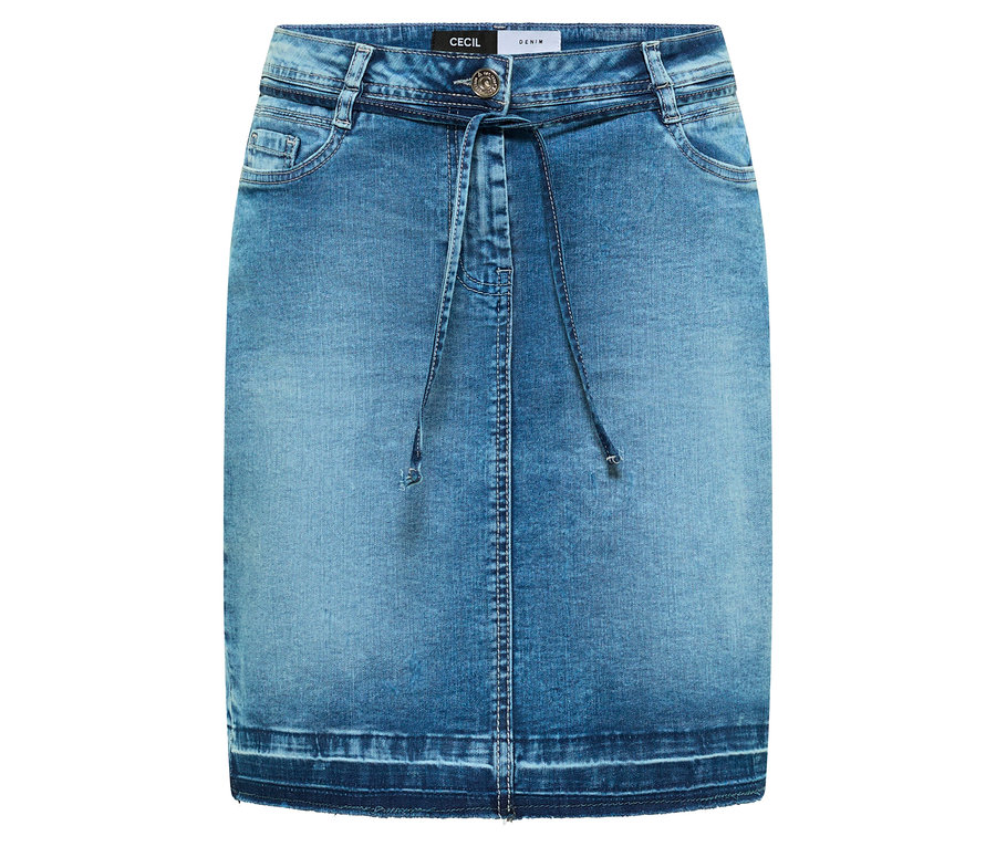 Jupe en jean CECIL bleue avec cordon de serrage à la taille, fermeture boutonnée, poches avant et ourlet légèrement plus foncé.