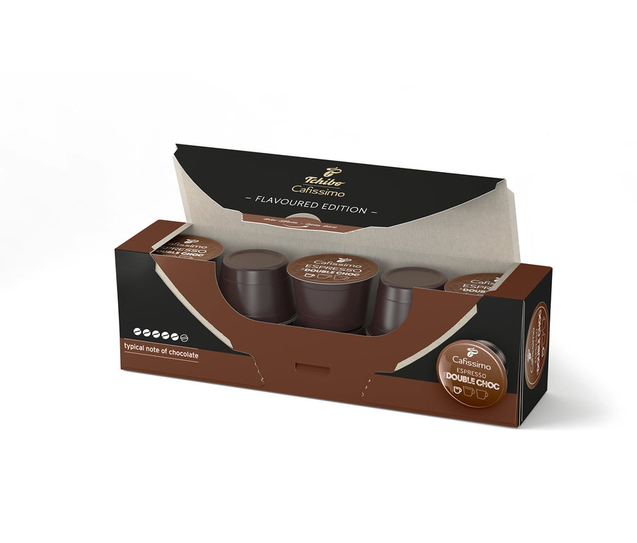 Paquet ouvert de capsules Cafissimo Flavoured Espresso – Double Choc, avec des capsules à l'intérieur.