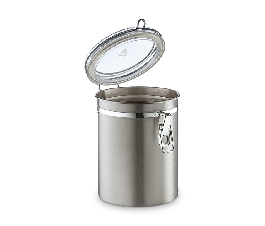 Boîte à arômes ouverte en acier inoxydable sur fond blanc.
