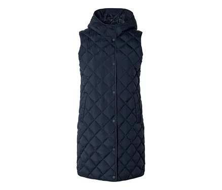 Longue veste matelassée bleu marine sans manches avec capuche et boutons.