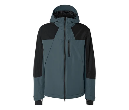 Veste à capuche gris-bleu foncé et noire avec une fermeture éclair intégrale et une poche poitrine zippée, sur fond blanc.