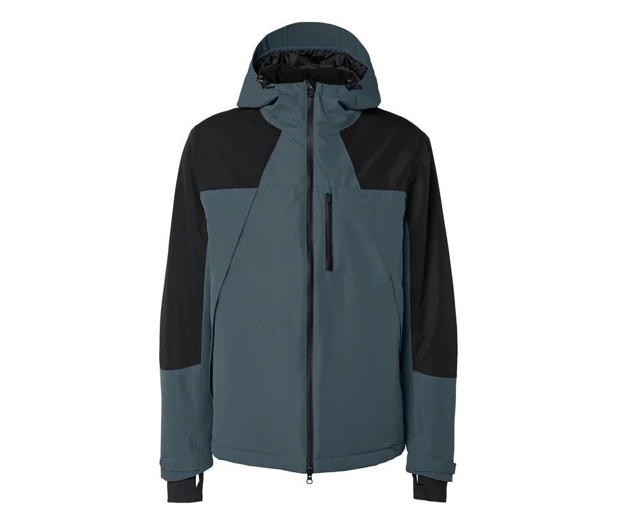 Veste à capuche gris-bleu foncé et noire avec une fermeture éclair intégrale et une poche poitrine zippée, sur fond blanc.