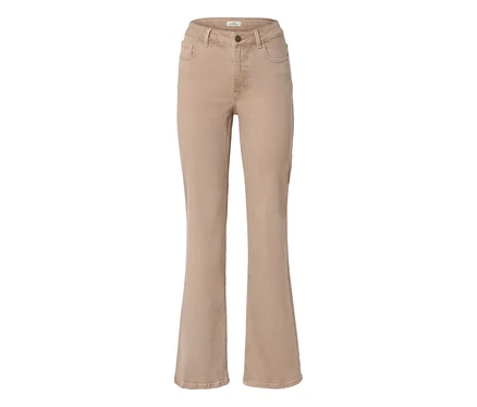 Jean évasé beige à taille haute avec fermeture boutonnée.
