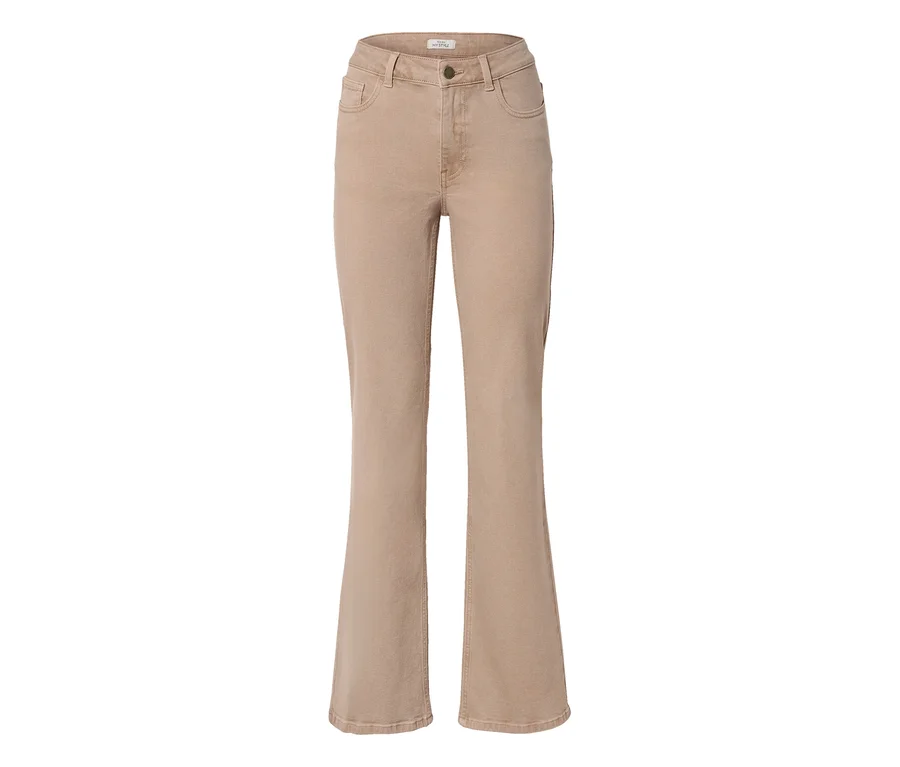 Jean évasé beige à taille haute avec fermeture boutonnée.