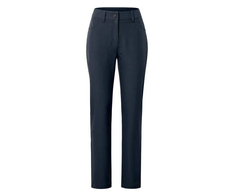 Pantalon en softshell bleu foncé avec bouton, fermeture éclair et poches avant.