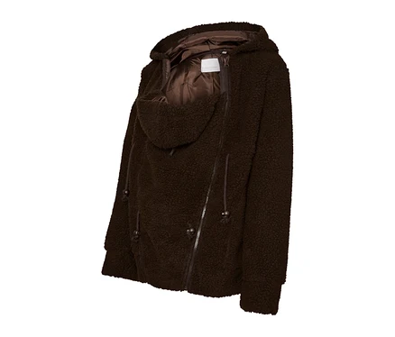 Veste marron à capuche en polaire teddy avec insert porte-bébé, fermeture éclair et cordons de serrage, présentée en angle.