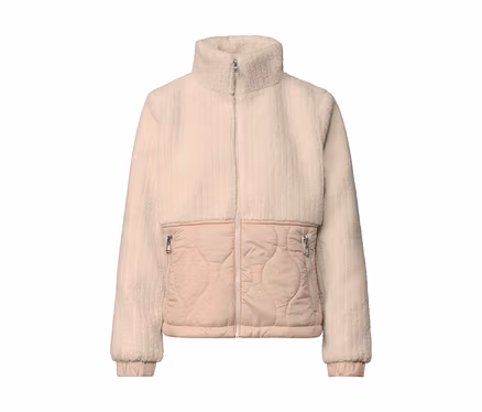 Veste de mi-saison Street One crème et rose clair, avec un haut du corps duveteux et une partie inférieure matelassée, une fermeture éclair intégrale et deux poches zippées.