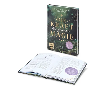 Un livre ouvert est posé devant un livre debout intitulé 'Die Kraft der grünen Magie'.