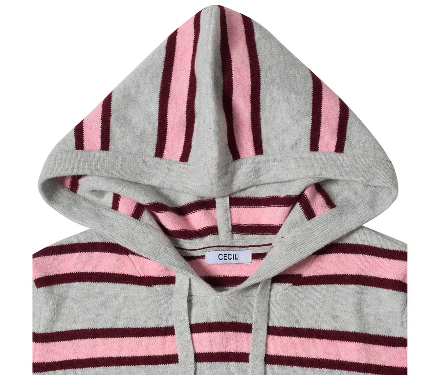 Sweatshirt à capuche en maille CECIL gris avec des rayures roses et rouge foncé, doté d'une capuche et de cordons de serrage.