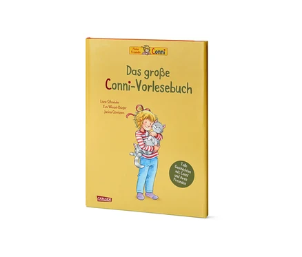 Livre jaune « Das große Conni-Vorlesebuch » avec une illustration de Conni tenant un chat gris.