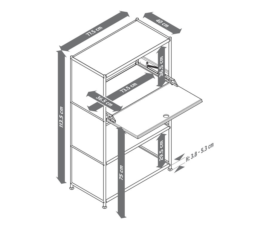 Illustration d'un secrétaire « CN3 » avec un plateau rabattable, les dimensions sont indiquées en centimètres.