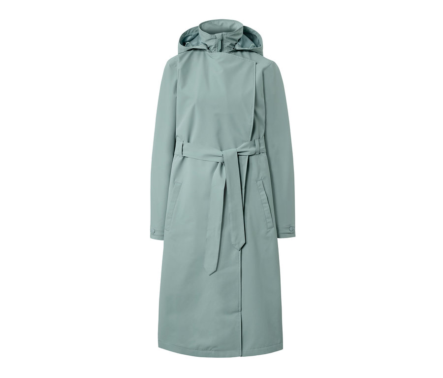 Trench-coat de pluie vert avec capuche et ceinture.