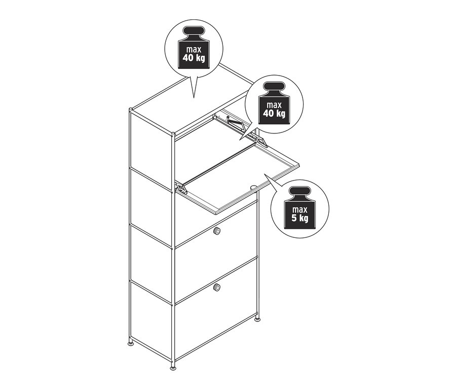 Schéma d'un meuble haut en métal « CN3 » à 4 abattants, dont un est ouvert.