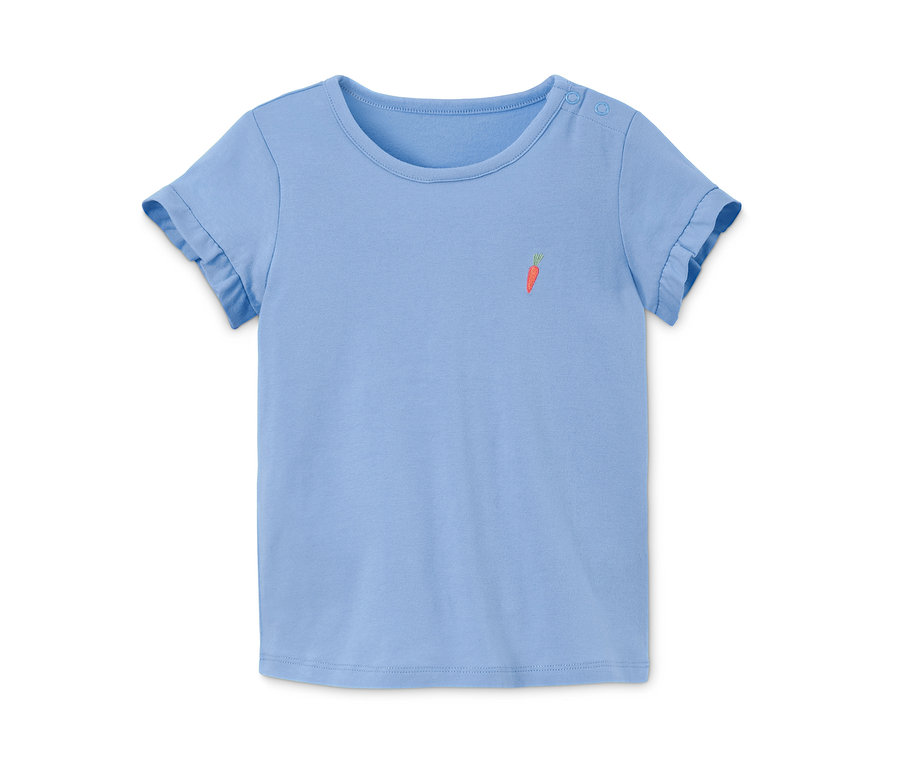 Un t-shirt bleu clair avec une broderie de carotte.