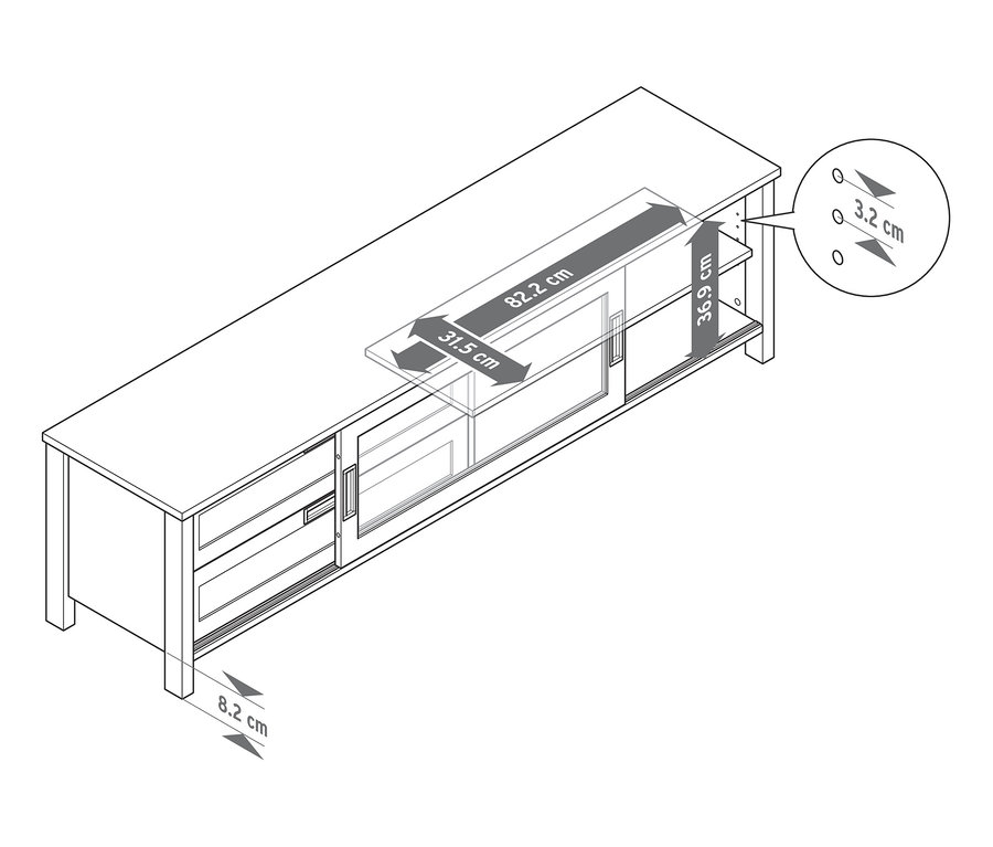 Les dimensions du meuble TV »Clara« sont indiquées par des flèches.