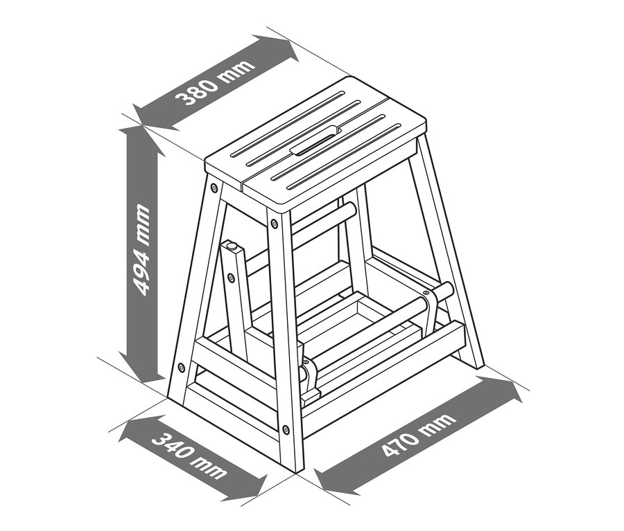 Dessin d'un marchepied escamotable en bois massif avec dimensions.