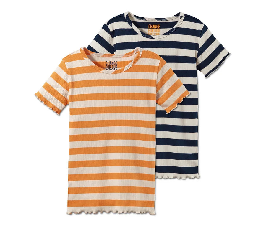 Deux t-shirts côtelés rayés, un orange et blanc et un bleu marine et blanc.