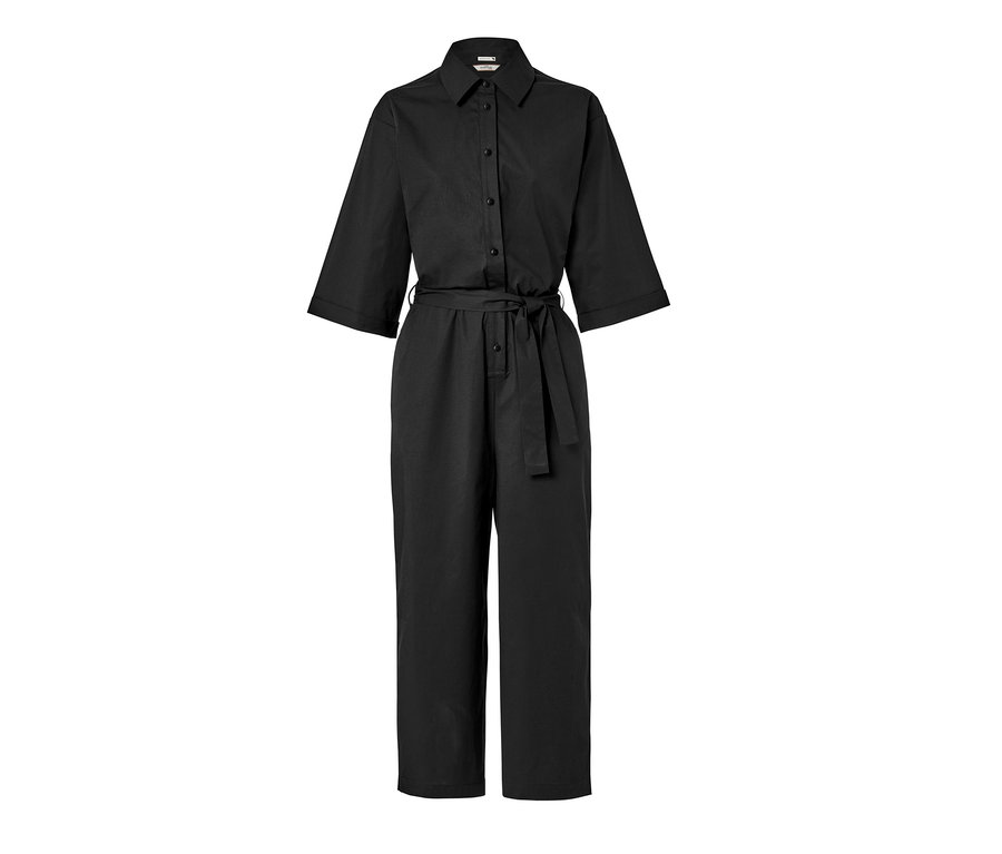 Salopette noire en popeline avec boutons et ceinture.