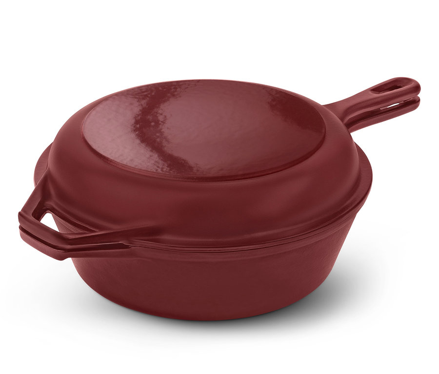 Une cocotte et poêle à frire 2 en 1 en fonte couleur bordeaux avec couvercle et poignées.