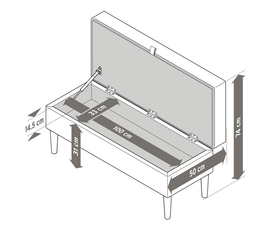 Schéma d'un banc rembourré avec espace de rangement et dimensions.