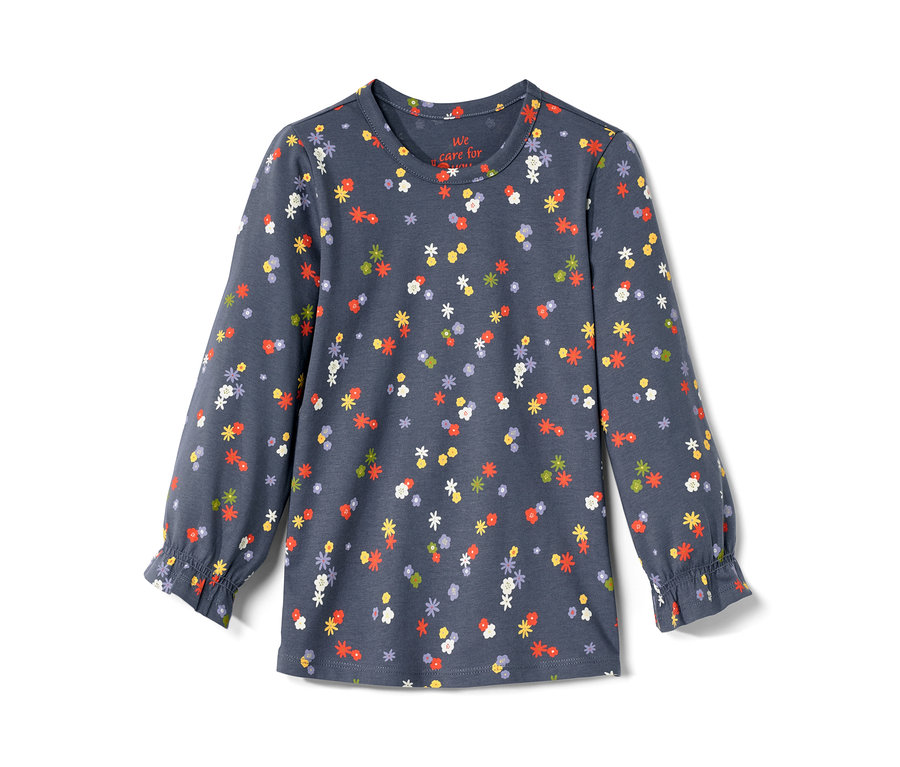 T-shirt à manches longues bleu pour tout-petits avec motif floral intégral.