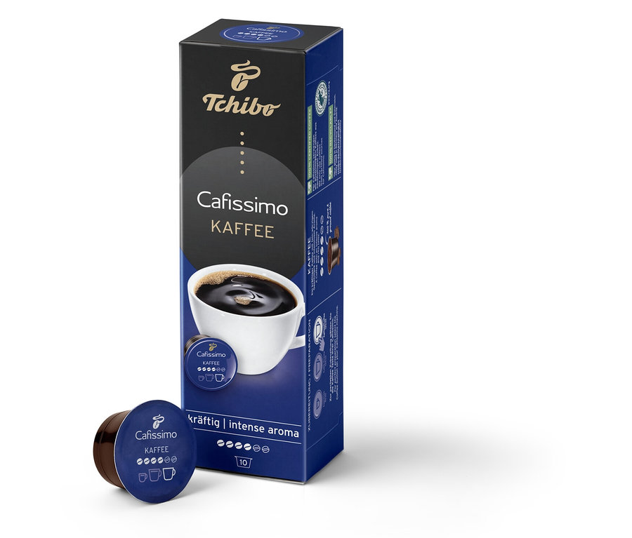 Un paquet de Cafissimo Kaffee kräftig (corsé) avec une capsule à côté.