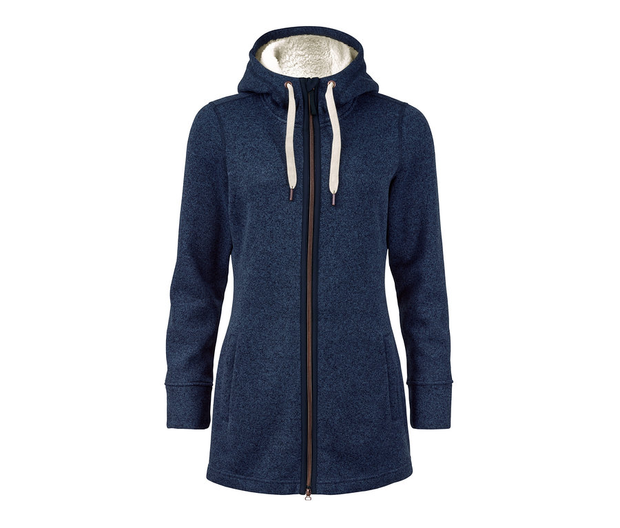 Manteau en maille polaire bleu avec fermeture éclair et capuche avec doublure blanche.