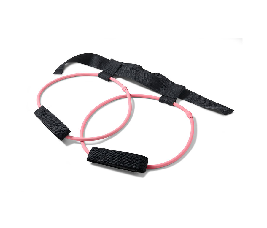 Ceinture avec élastiques de fitness roses et sangles noires.