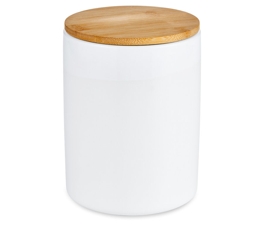 Boîte à café blanche en céramique avec couvercle en bois.