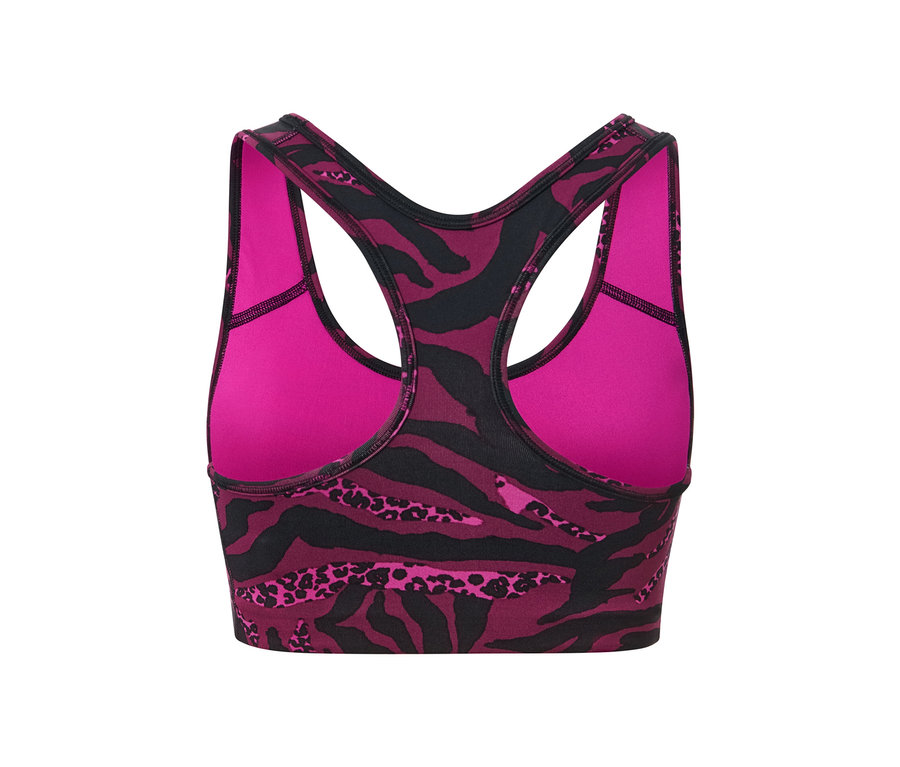 Vue détaillée d'une brassière de sport à motif animal.