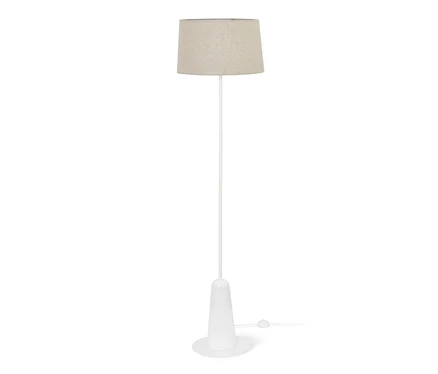 Lampadaire blanc avec abat-jour textile.