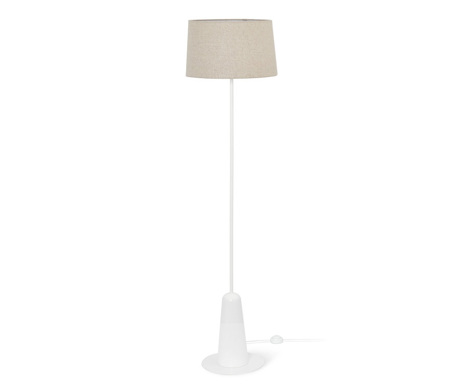 Lampadaire blanc avec abat-jour textile.