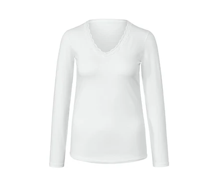 Maillot de corps manches longues blanc avec bordure en dentelle à l'encolure en V.