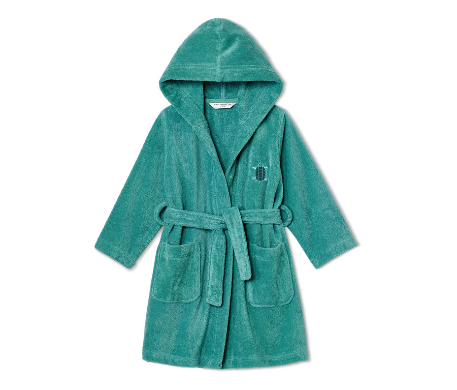 Peignoir pour enfant turquoise avec capuche et motif de tortue.