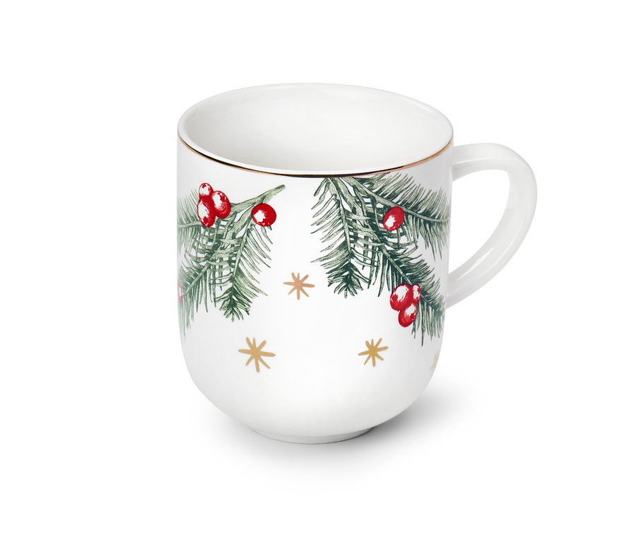 Grand mug à décoration dorée et brillante avec des motifs de branches et de baies.