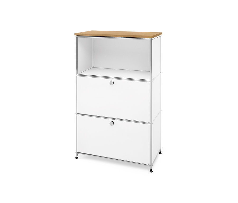 Étagère blanche avec deux tiroirs et panneau de couverture « CN3 » avec placage de bois véritable, chêne clair, largeur 77 cm.