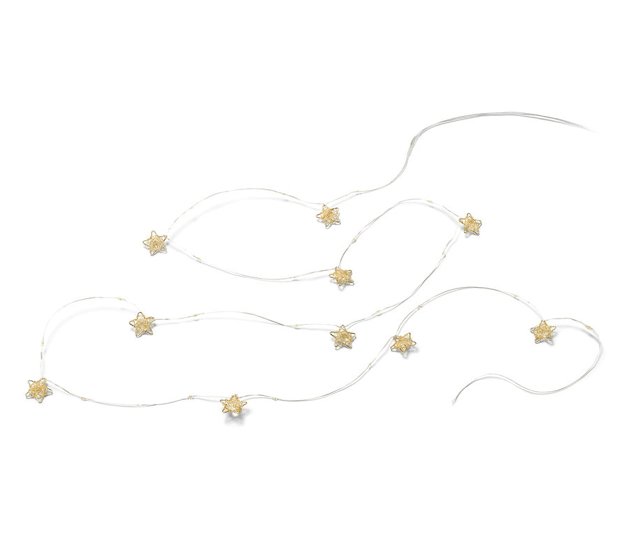 Une guirlande lumineuse à LED avec des étoiles sur un fond blanc.