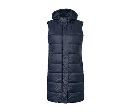Long gilet bleu marine matelassé avec capuche.