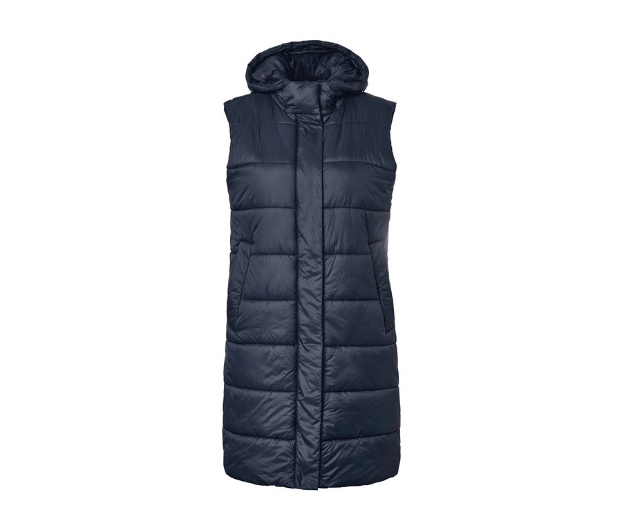 Long gilet bleu marine matelassé avec capuche.