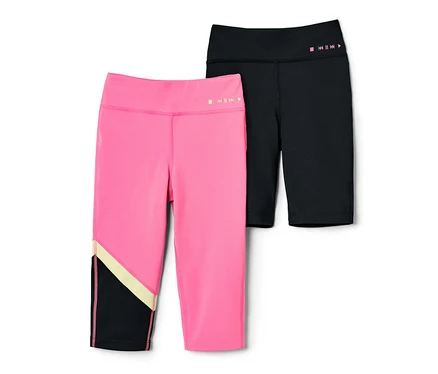 Deux collants de sport pour enfants, un rose longueur 3/4 et un cycliste noir.