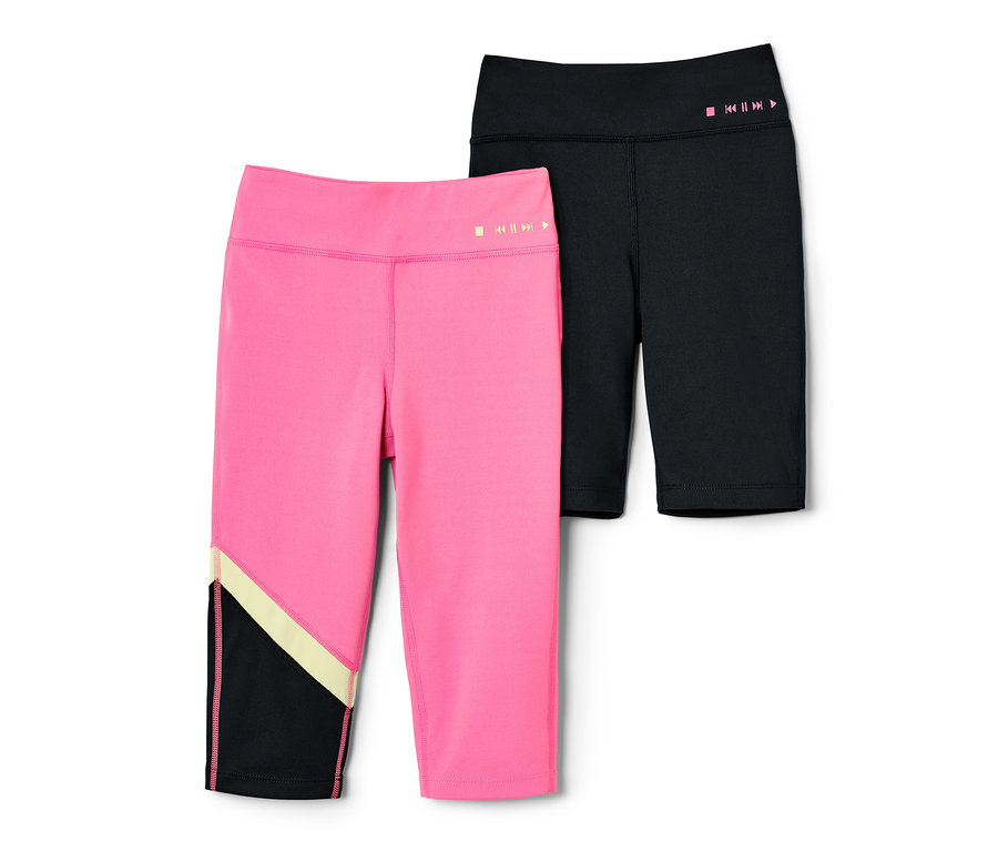 Deux collants de sport pour enfants, un rose longueur 3/4 et un cycliste noir.