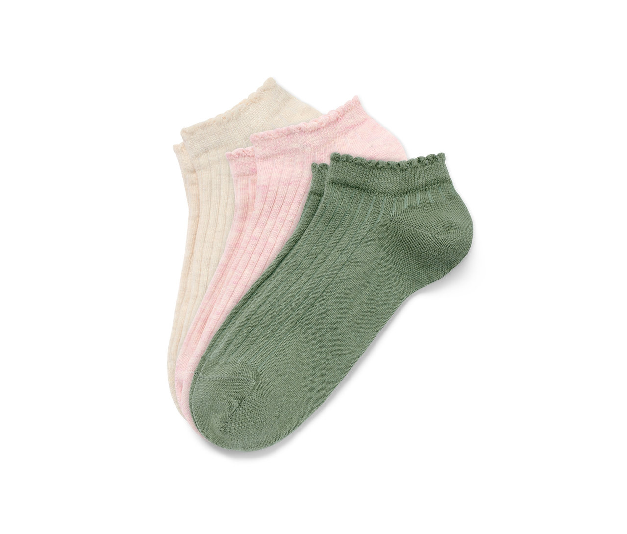 Trois paires de socquettes de sport côtelées de couleur crème, rose et verte.