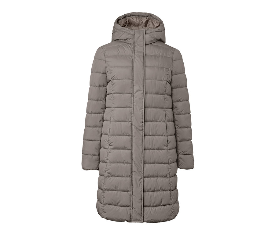 Manteau matelassé taupe à capuche.