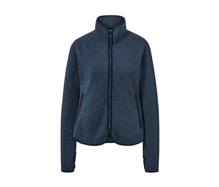 Veste en maille polaire bleu marine avec fermeture éclair au centre.