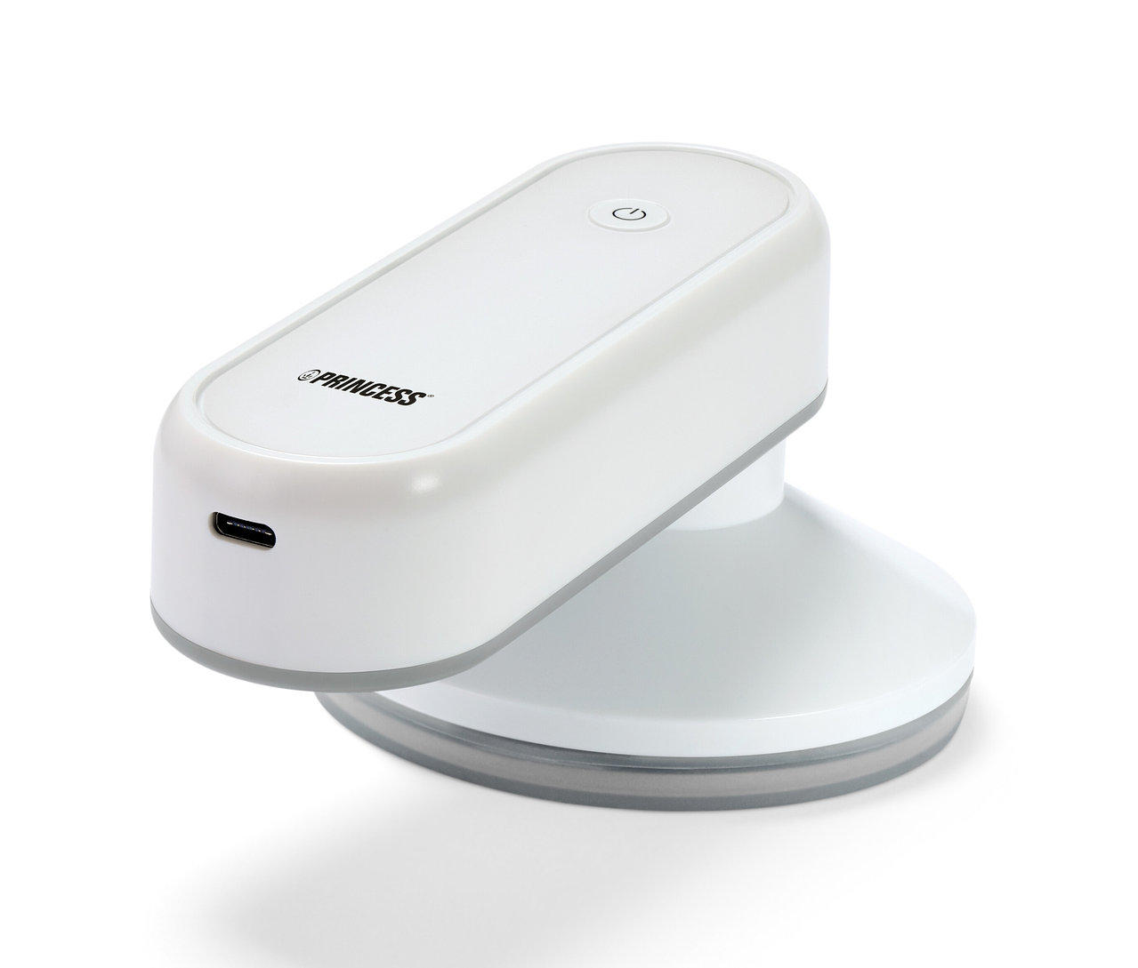 Un fer à repasser de voyage Princess blanc avec Power Bank sur fond blanc.