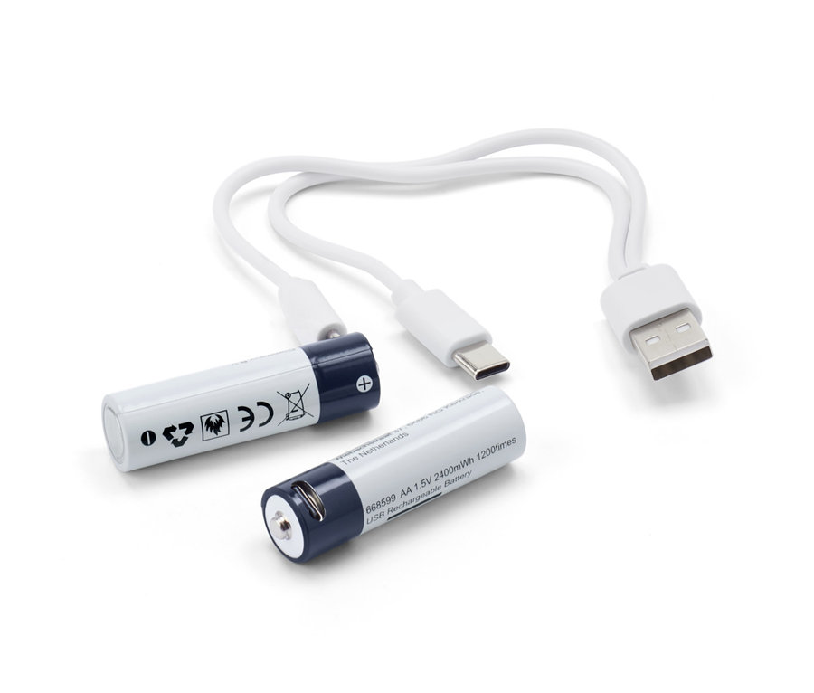 Deux piles rechargeables AA et un câble de chargement blanc sont posés sur un fond blanc.