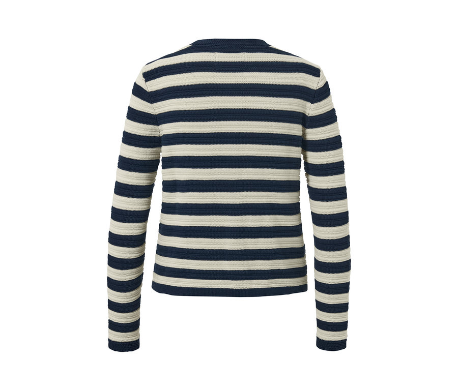 Cardigan rayé en maille structurée bleu et crème.